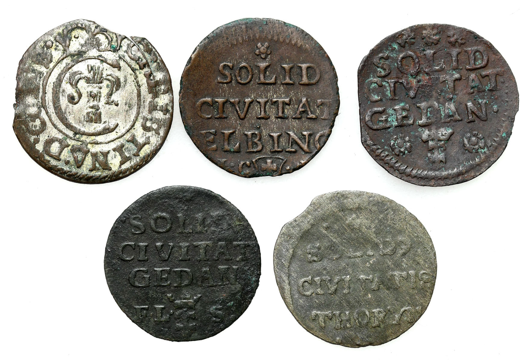Polska XVII-XVIII wiek. Szeląg 1654, 1754, 1763, 1766, zestaw 5 monet